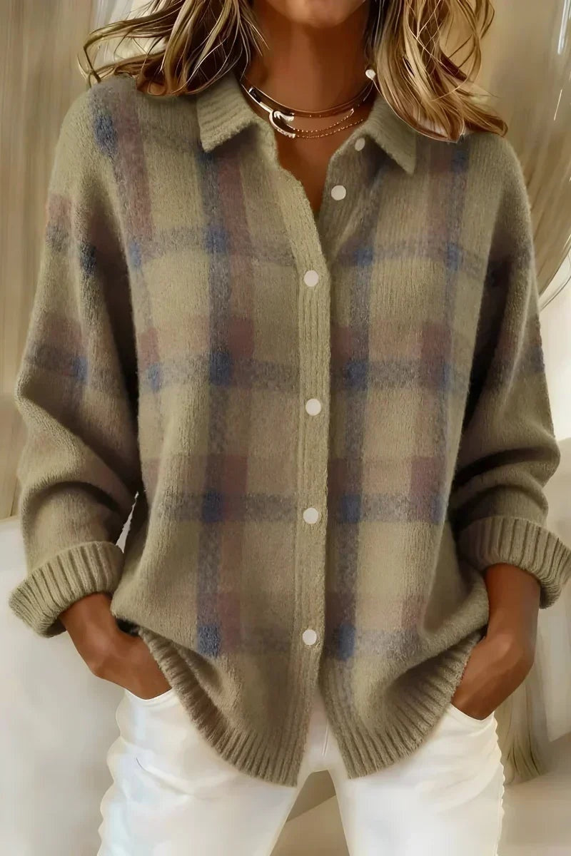 Leonie | Strickjacke Damen Kariert Oversize Knopfleiste