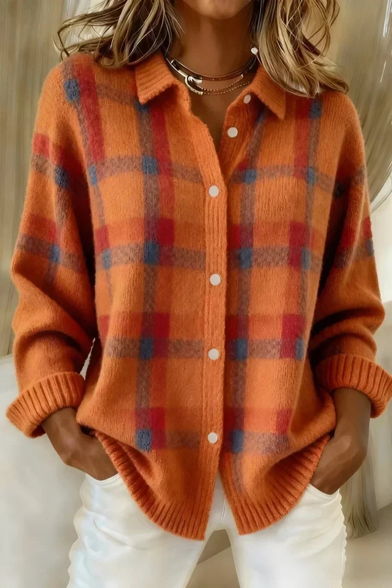 Leonie | Strickjacke Damen Kariert Oversize Knopfleiste