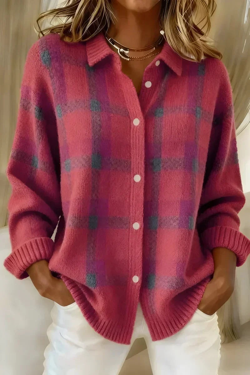Leonie | Strickjacke Damen Kariert Oversize Knopfleiste