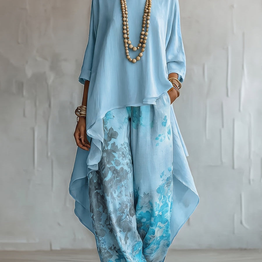 Leonie | Zweiteiliges Outfit Damen Weite Hose Blumenprint Asymmetrisch