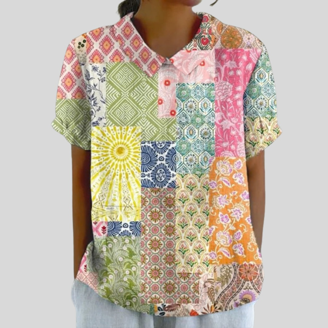Luca | Patchwork Blúz Női Rövid Ujjú Virágmintás