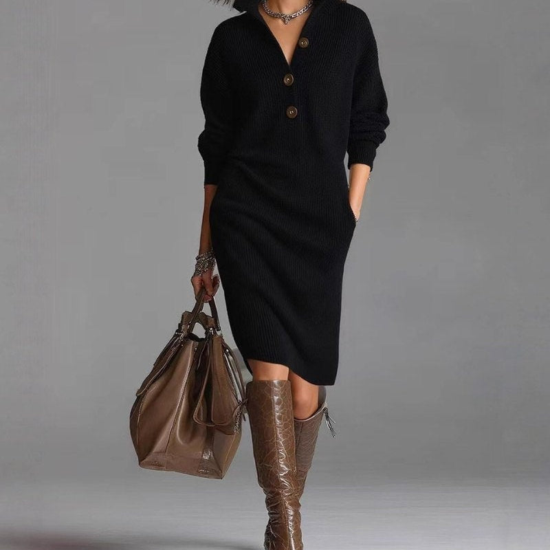 Luisa | Strickkleid Damen Elegant Midi Knopfleiste Langarm