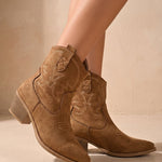 Luisa | Westernstiefelette Damen Veloursleder-Optik Blockabsatz Stickerei