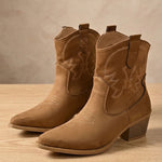Luisa | Westernstiefelette Damen Veloursleder-Optik Blockabsatz Stickerei