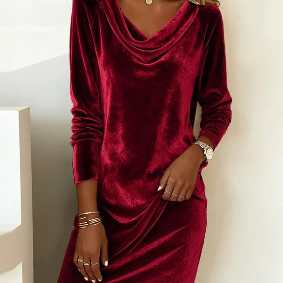 Margrit | Samtkleid Damen Elegant Langarm Wasserfallausschnitt