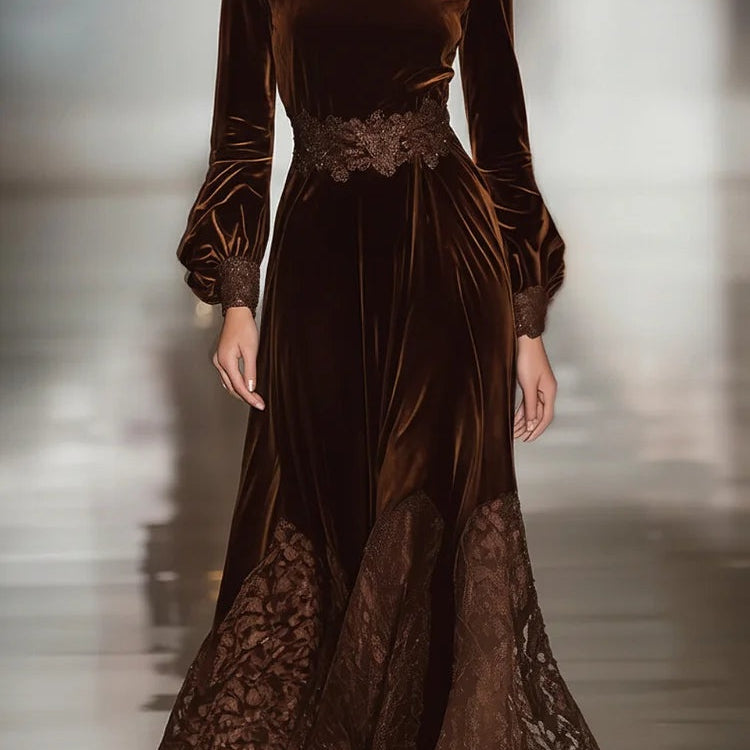 Marlene | Abendkleid Lang Samt Damen Spitze Rollkragen Ballonärmel
