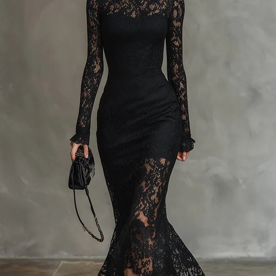 Marlene | Langes Abendkleid Damen Spitze Stehkragen