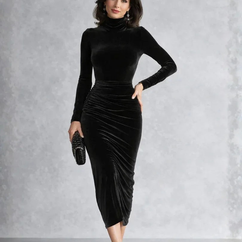 Marlene | Samtkleid Midi Damen Elegant Rollkragen Langarm