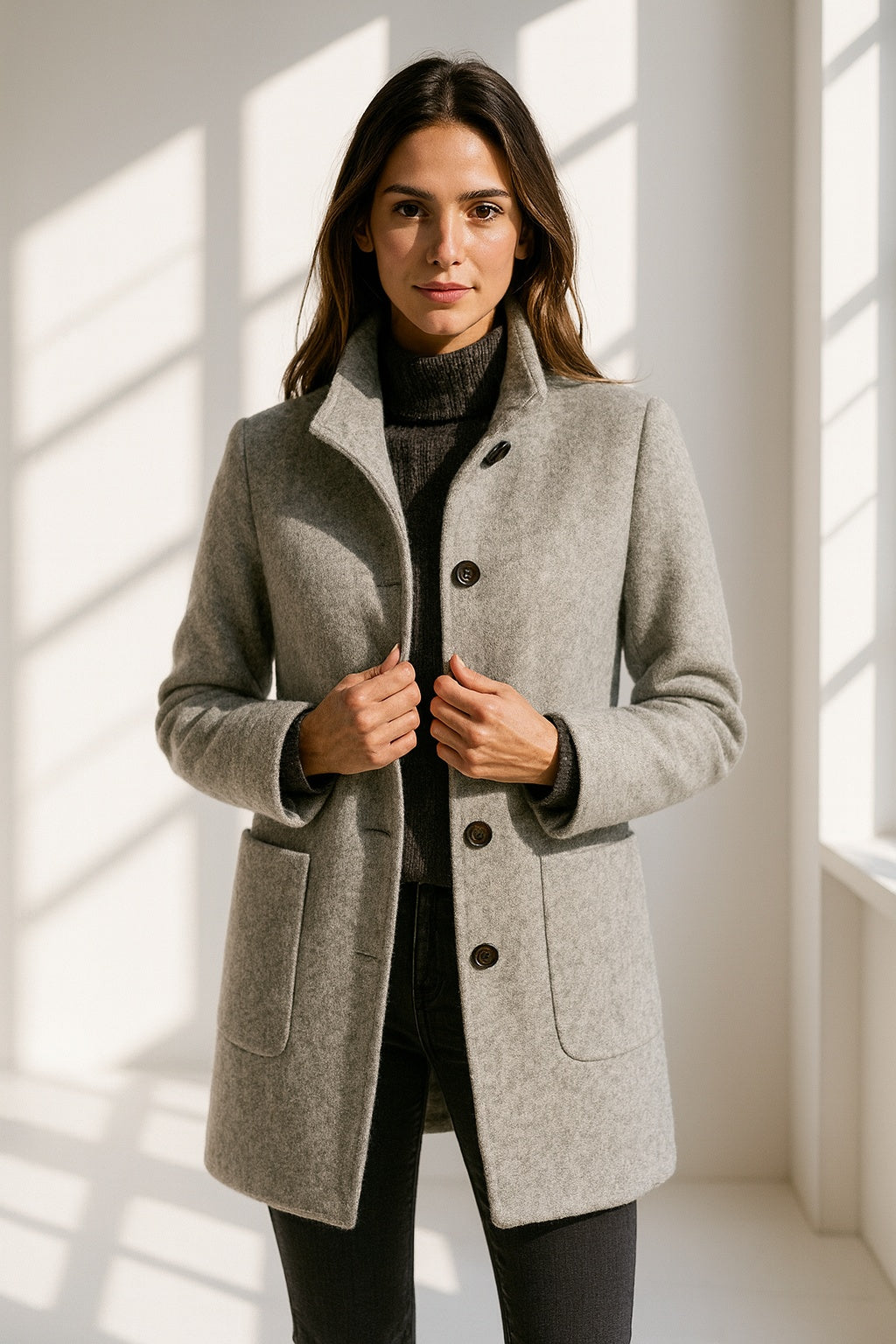 Marlene | Wollmantel Damen Eleganter Knopfverschluss Stehkragen
