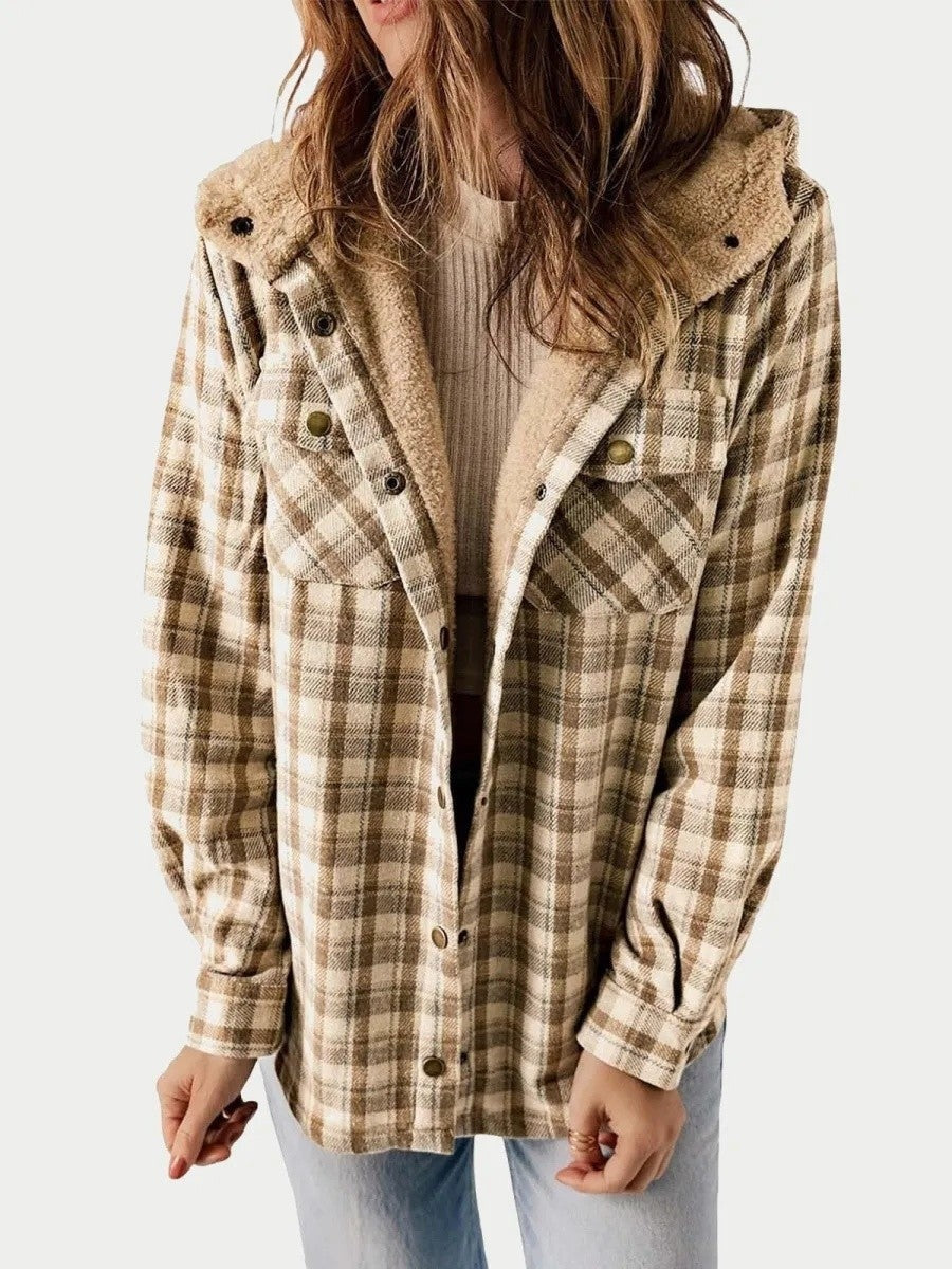 Mathilda | Jacke Fleece Damen Kariert mit Kapuze Sherpa
