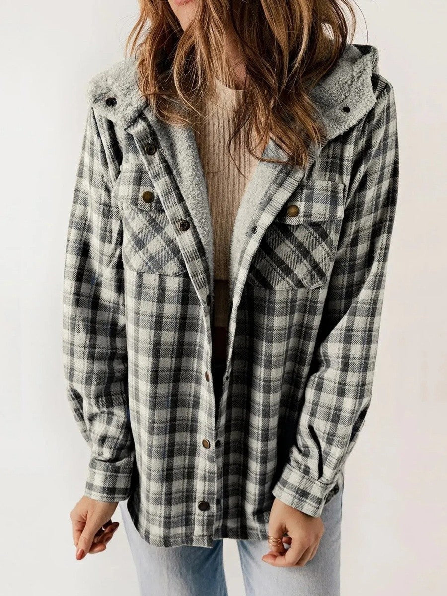 Mathilda | Jacke Fleece Damen Kariert mit Kapuze Sherpa