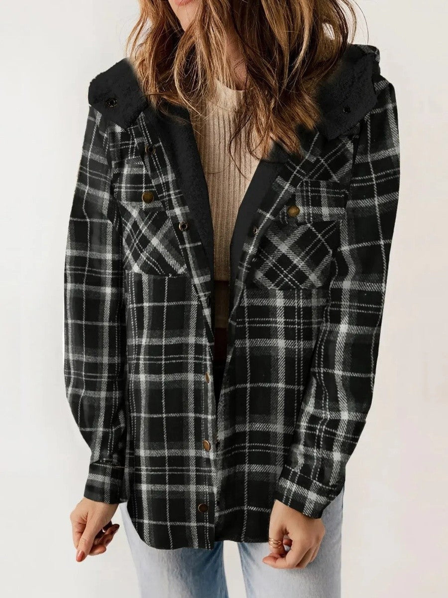 Mathilda | Jacke Fleece Damen Kariert mit Kapuze Sherpa