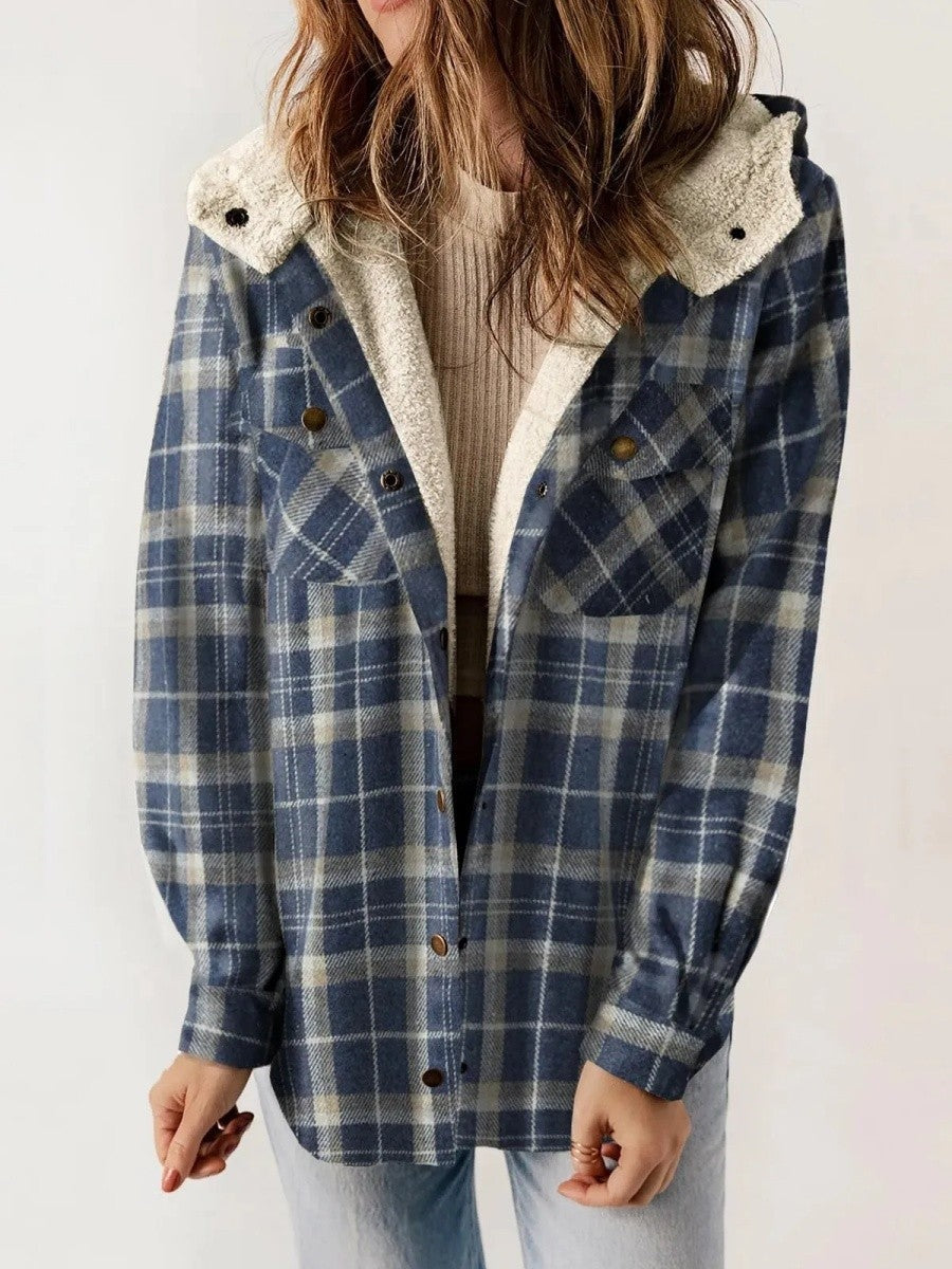 Mathilda | Jacke Fleece Damen Kariert mit Kapuze Sherpa