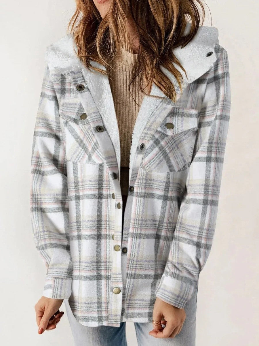 Mathilda | Jacke Fleece Damen Kariert mit Kapuze Sherpa