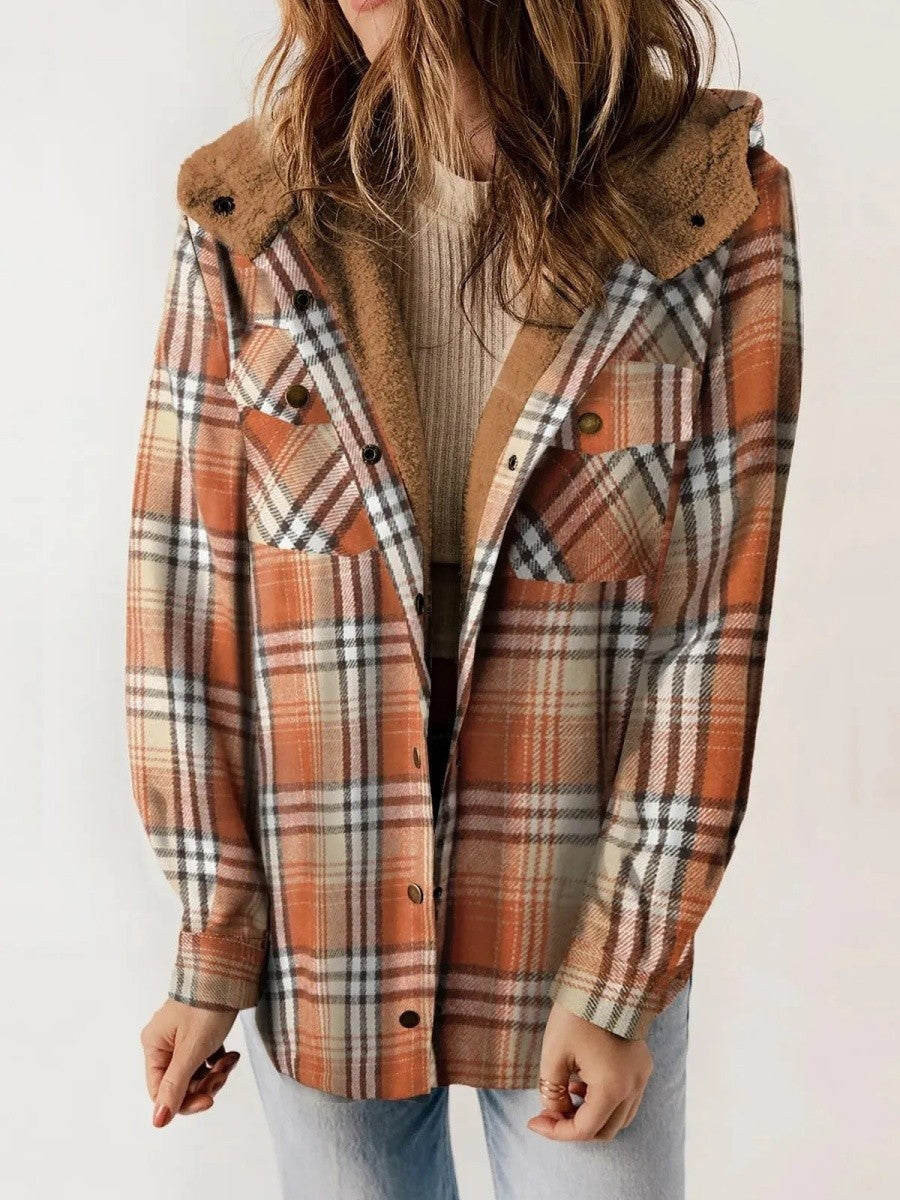 Mathilda | Jacke Fleece Damen Kariert mit Kapuze Sherpa