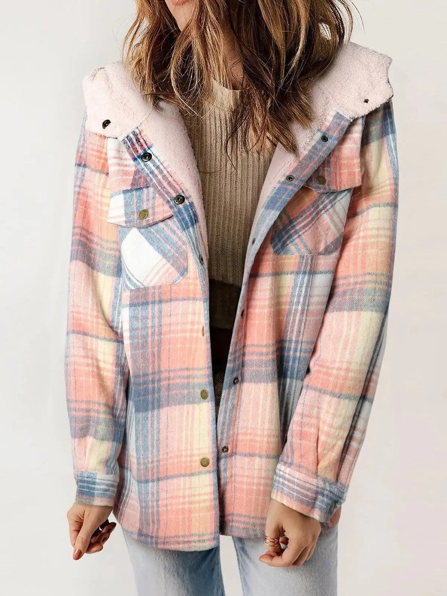 Mathilda | Jacke Fleece Damen Kariert mit Kapuze Sherpa