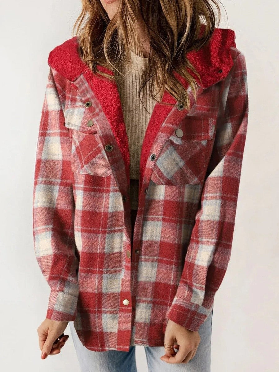 Mathilda | Jacke Fleece Damen Kariert mit Kapuze Sherpa
