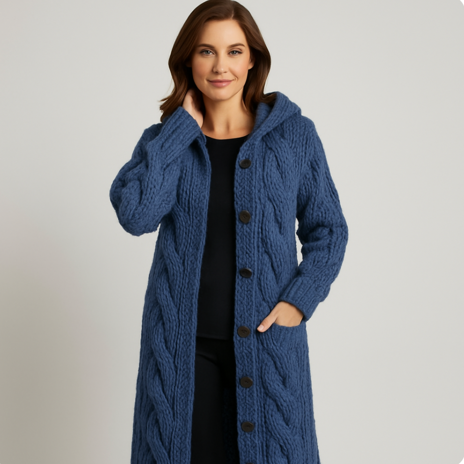 Mathilda | Strickjacke Damen Lang mit Kapuze Zopfmuster