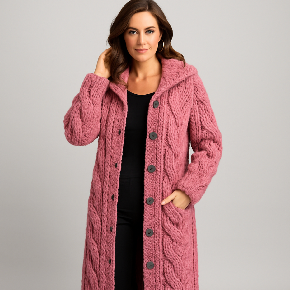 Mathilda | Strickjacke Damen Lang mit Kapuze Zopfmuster