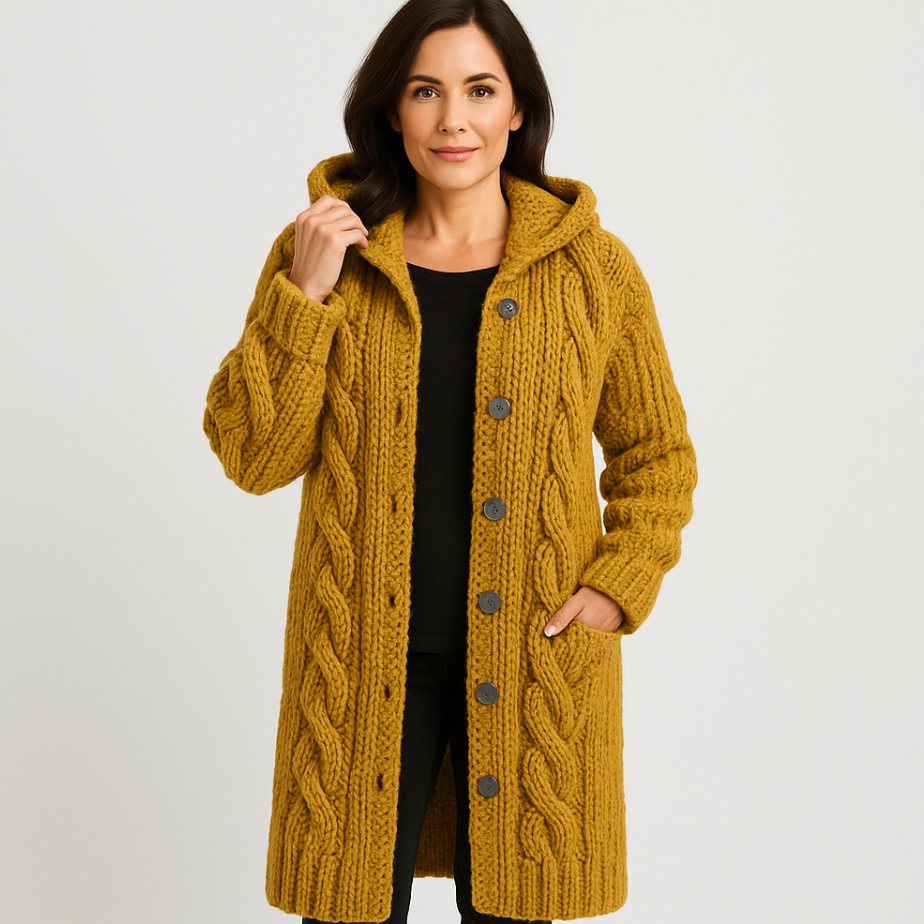 Mathilda | Strickjacke Damen Lang mit Kapuze Zopfmuster