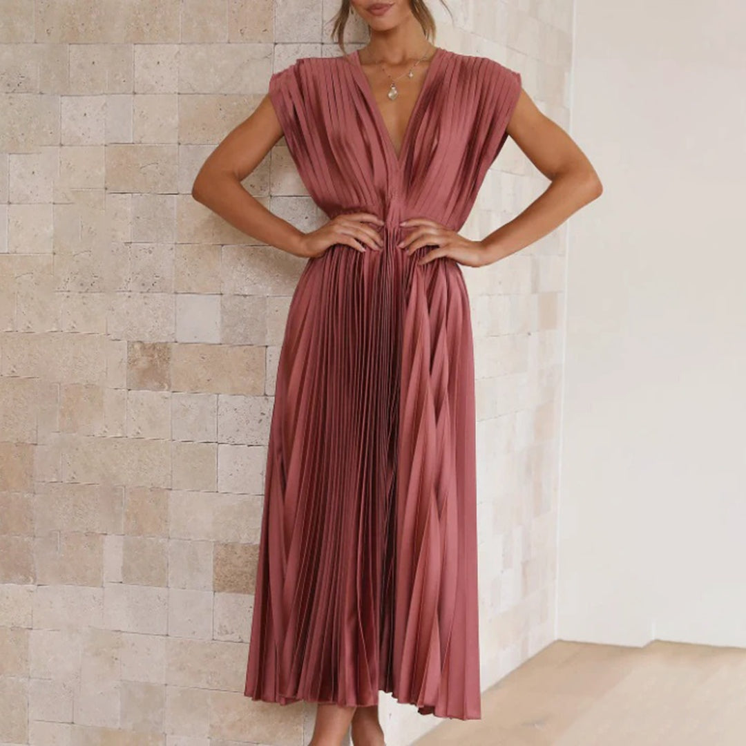 Melinda | Alkalmi Maxi Ruha Női Pliszírozott V-nyakú