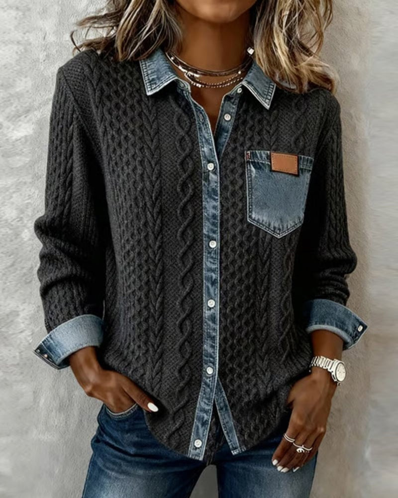 Melinda | Kötött Blúz Női Denim Patchwork Hosszú Ujjú Gombos