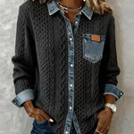 Melinda | Kötött Blúz Női Denim Patchwork Hosszú Ujjú Gombos