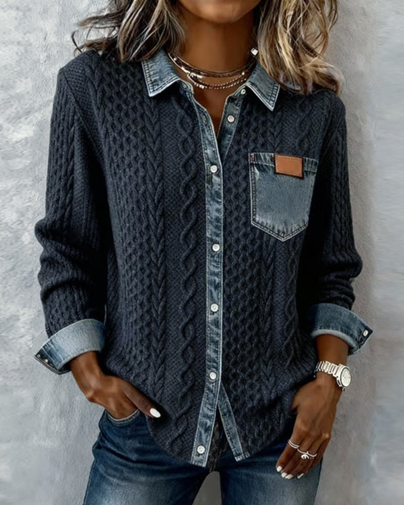 Melinda | Kötött Blúz Női Denim Patchwork Hosszú Ujjú Gombos