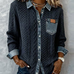 Melinda | Kötött Blúz Női Denim Patchwork Hosszú Ujjú Gombos