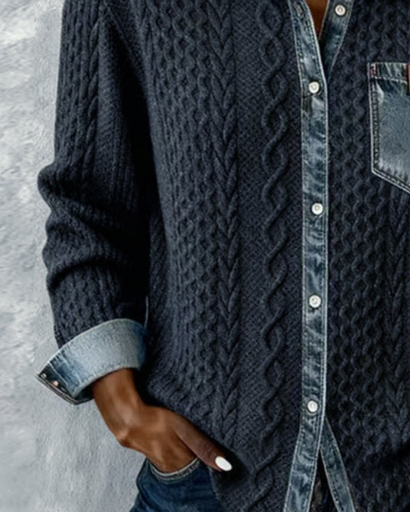 Melinda | Kötött Blúz Női Denim Patchwork Hosszú Ujjú Gombos