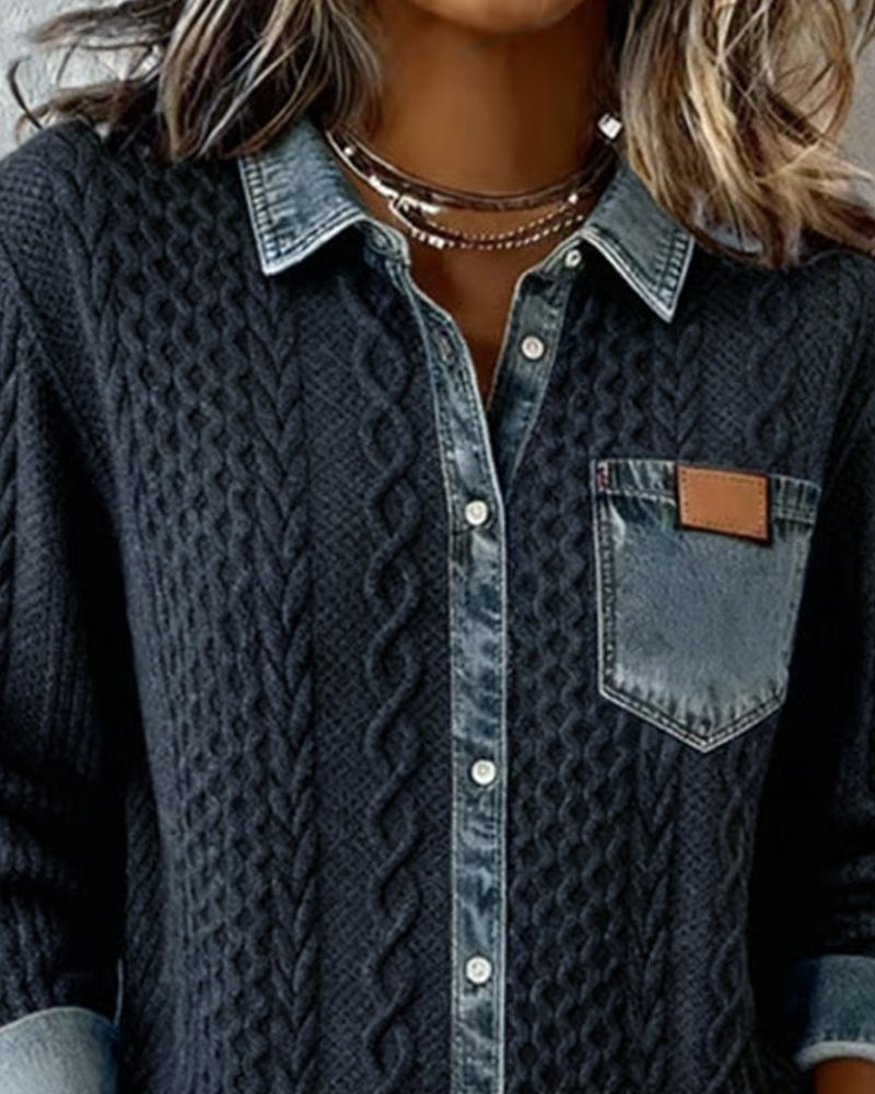 Melinda | Kötött Blúz Női Denim Patchwork Hosszú Ujjú Gombos