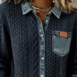 Melinda | Kötött Blúz Női Denim Patchwork Hosszú Ujjú Gombos