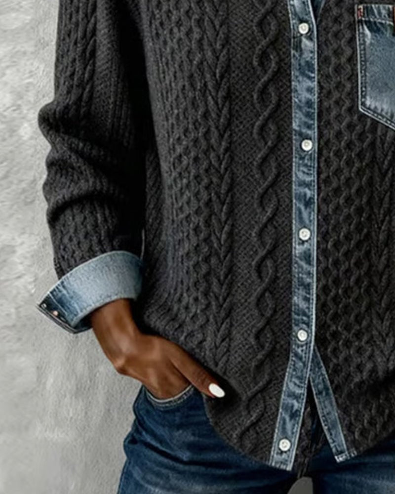 Melinda | Kötött Blúz Női Denim Patchwork Hosszú Ujjú Gombos