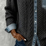 Melinda | Kötött Blúz Női Denim Patchwork Hosszú Ujjú Gombos