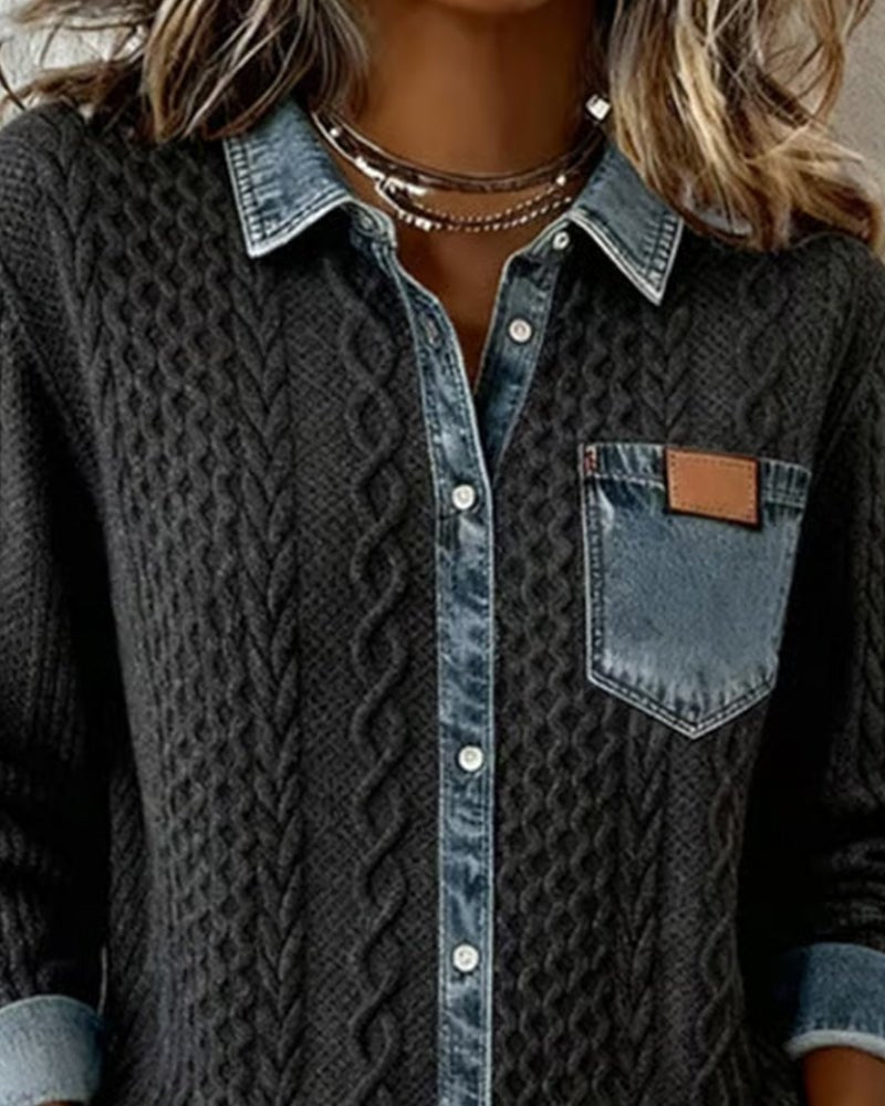 Melinda | Kötött Blúz Női Denim Patchwork Hosszú Ujjú Gombos