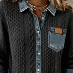 Melinda | Kötött Blúz Női Denim Patchwork Hosszú Ujjú Gombos