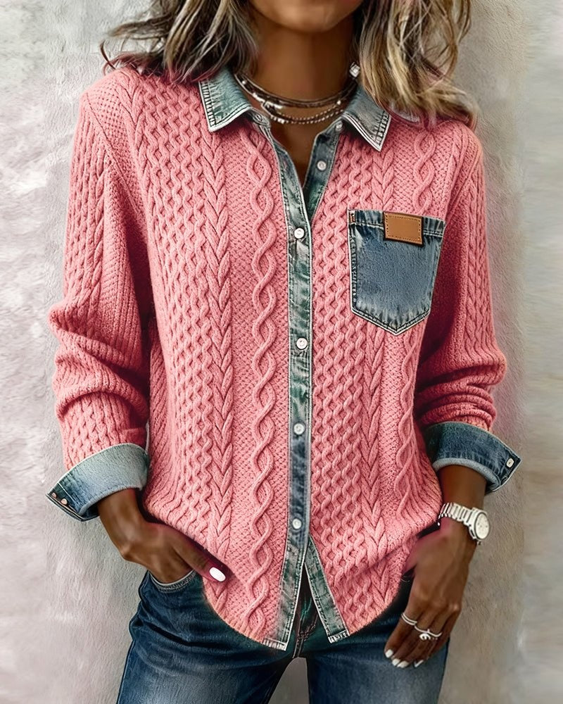 Melinda | Kötött Blúz Női Denim Patchwork Hosszú Ujjú Gombos