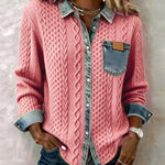 Melinda | Kötött Blúz Női Denim Patchwork Hosszú Ujjú Gombos