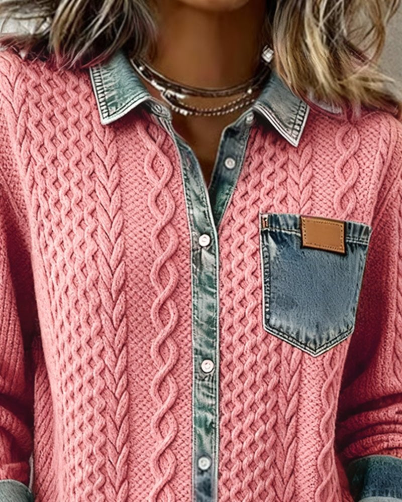 Melinda | Kötött Blúz Női Denim Patchwork Hosszú Ujjú Gombos