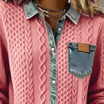 Melinda | Kötött Blúz Női Denim Patchwork Hosszú Ujjú Gombos