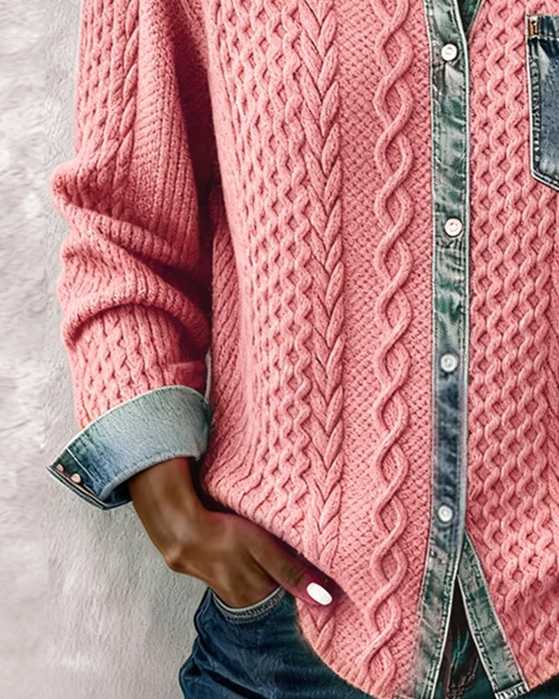 Melinda | Kötött Blúz Női Denim Patchwork Hosszú Ujjú Gombos