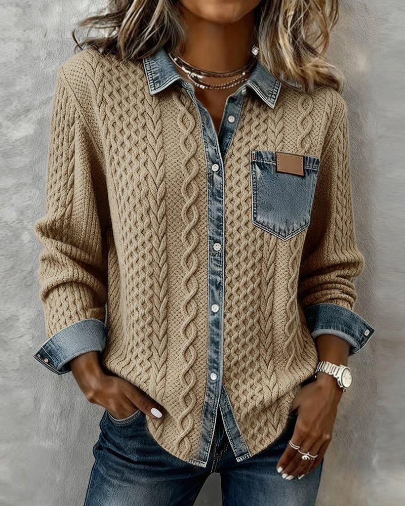 Melinda | Kötött Blúz Női Denim Patchwork Hosszú Ujjú Gombos