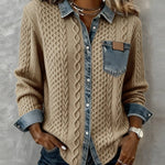 Melinda | Kötött Blúz Női Denim Patchwork Hosszú Ujjú Gombos