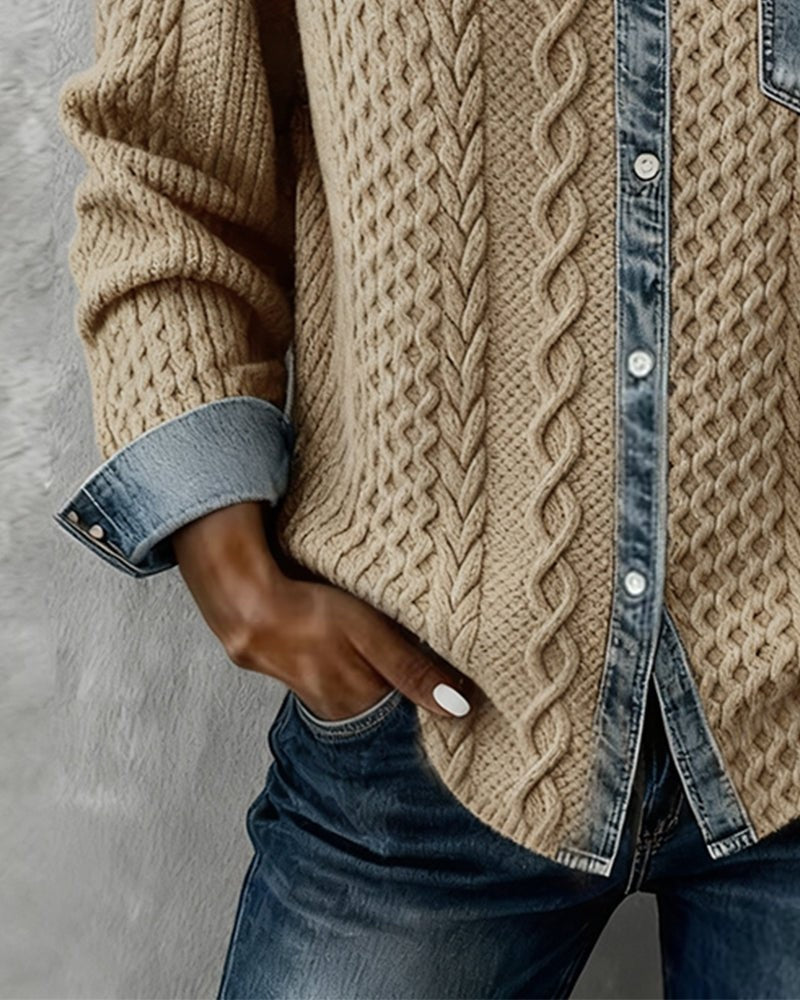 Melinda | Kötött Blúz Női Denim Patchwork Hosszú Ujjú Gombos