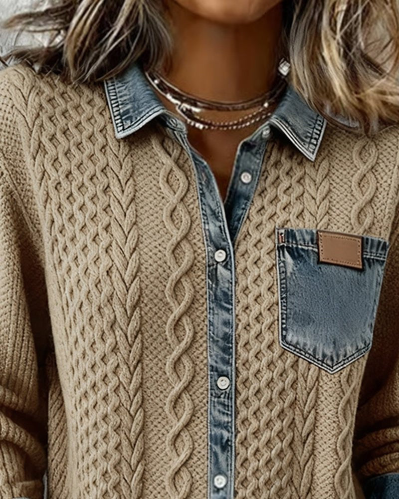 Melinda | Kötött Blúz Női Denim Patchwork Hosszú Ujjú Gombos