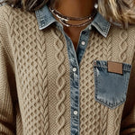 Melinda | Kötött Blúz Női Denim Patchwork Hosszú Ujjú Gombos