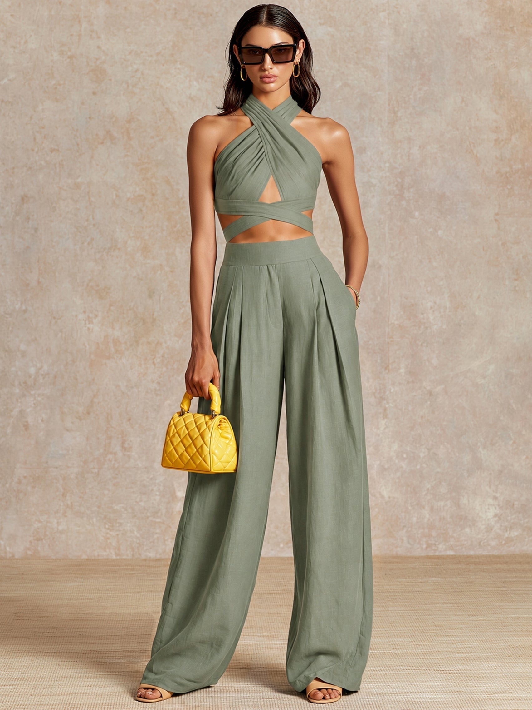 Nikolett | Palazzo Nadrág Szett Női Crop Top Nyakpántos