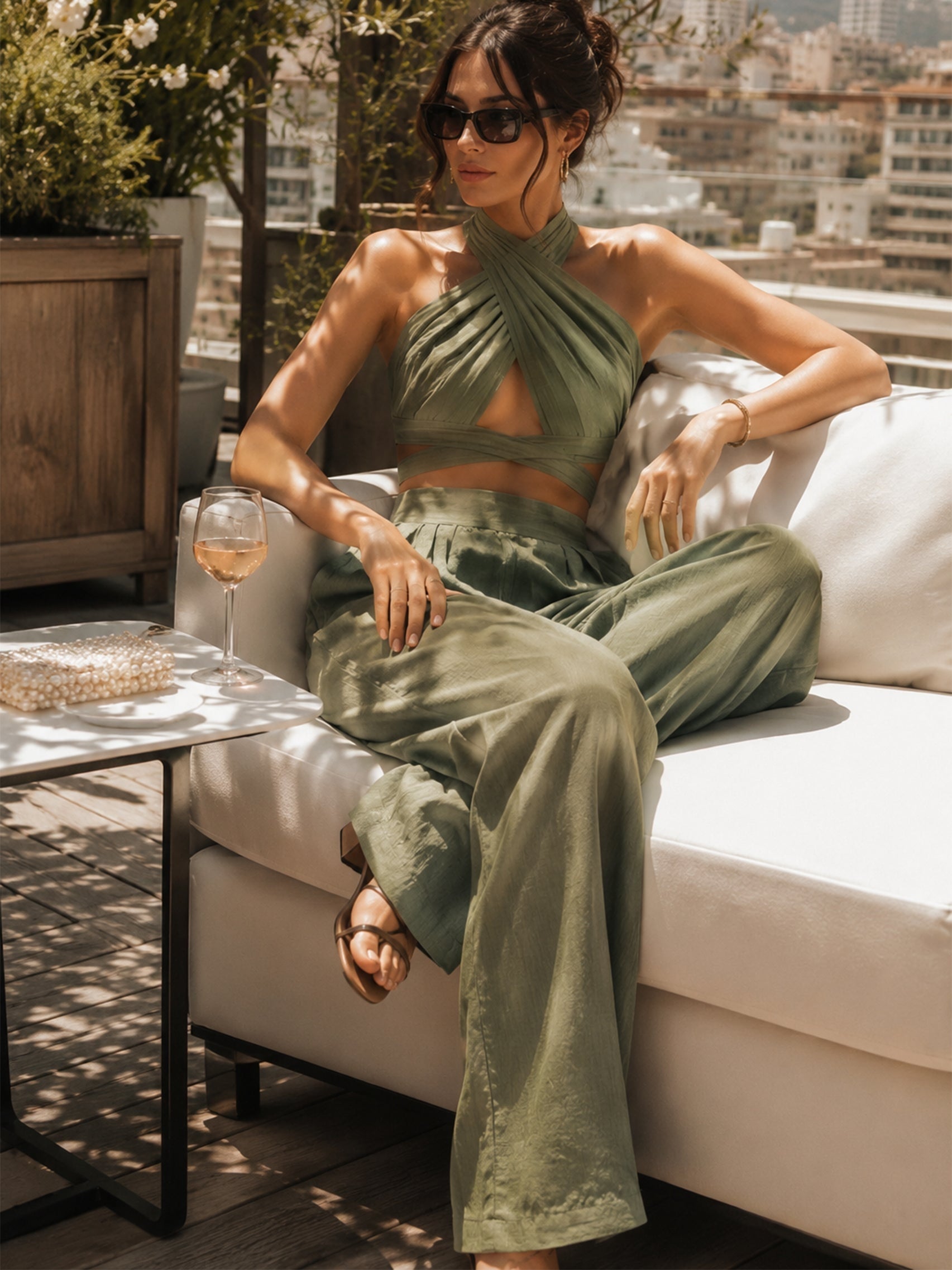 Nikolett | Palazzo Nadrág Szett Női Crop Top Nyakpántos