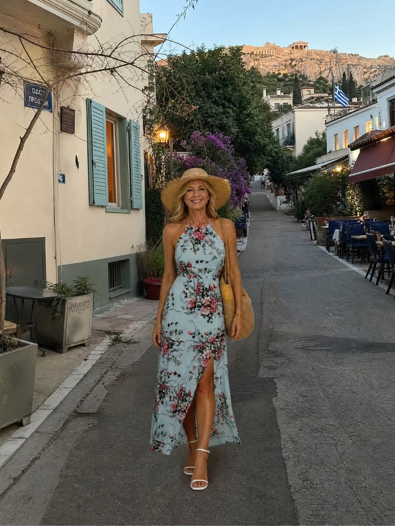 Nóra | Nyári Maxi Ruha Női Virágmintás Halter Nyakú Hasítékkal