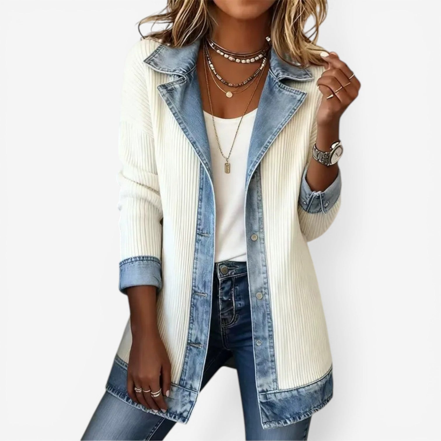 Orsolya | Denim Kötött Dzseki Női Hosszított Réteges